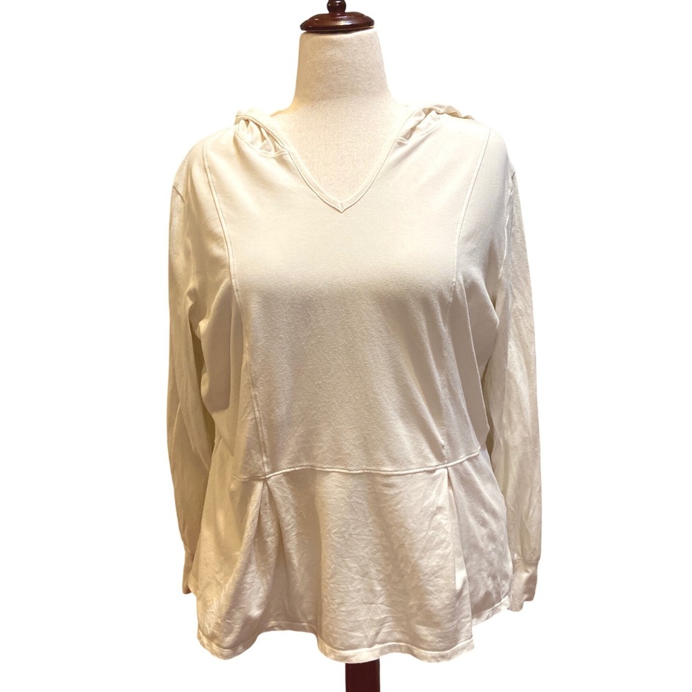 Belle by Kim Gravel Cream V-Neck Peplum Hoodie Top XL Long Sleeve Cotton Modal